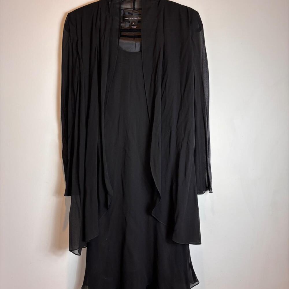 Jones New York Womens Silk Chiffon Dress Size 6 Black Sheer Long Sleeve LBD Y2K